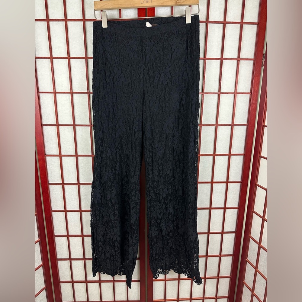 Y2K Lavish Black Lace Flowy Wide Leg Rave Pull on Pants